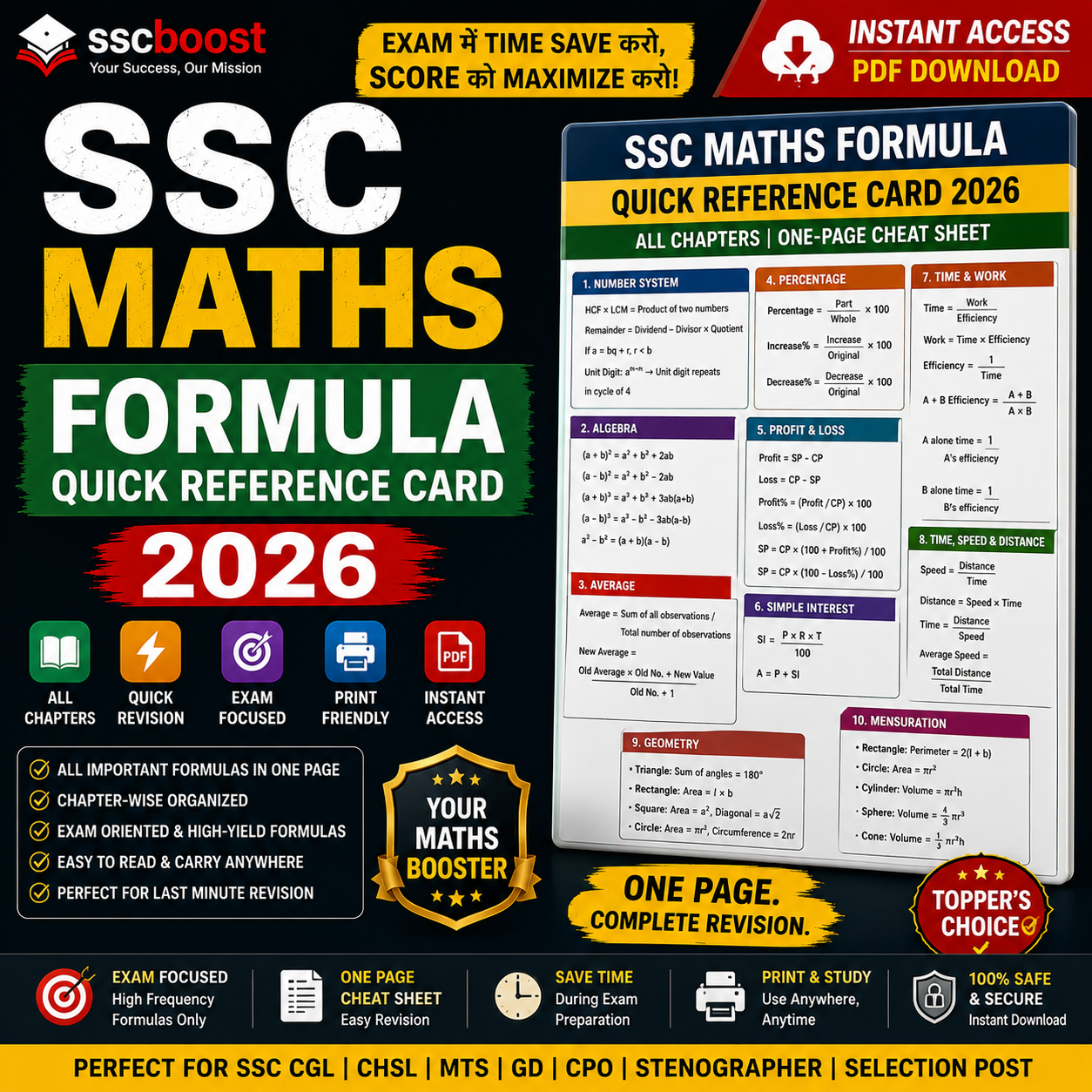 SSC Maths Formula Quick Reference Card 2026 – All Chapters | One-Page Cheat Sheet | Instant PDF Access