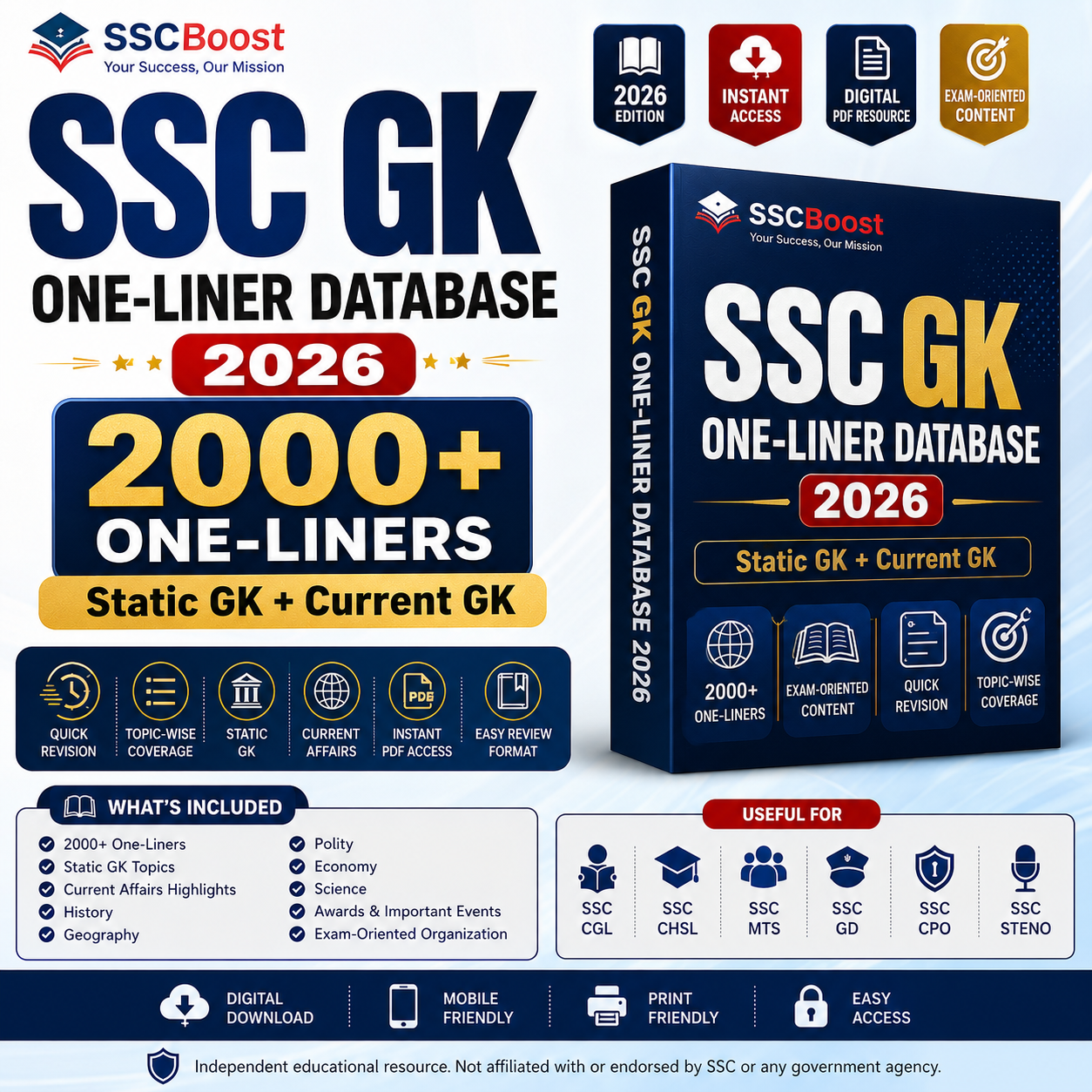 SSC GK One-Liner Database 2026 – 2000+ One-Liners | Static & Current GK | Instant Access