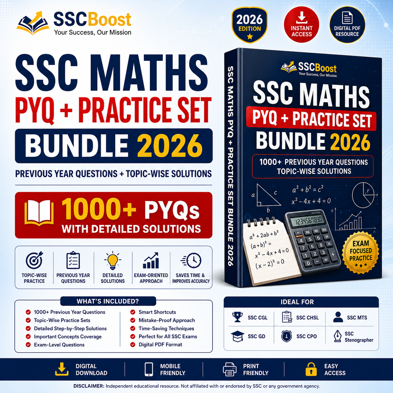 SSC Maths PYQ + Practice Set Bundle 2026 | 1000+ Previous Year Questions + Topic-wise Solutions | Instant PDF