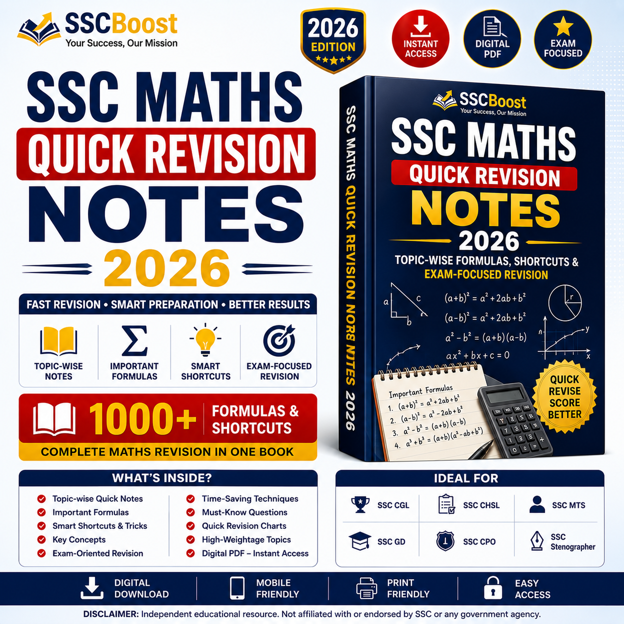 SSC Maths Quick Revision Notes 2026 | Topic-wise Formulas, Shortcuts & Exam-Focused Revision | Instant PDF