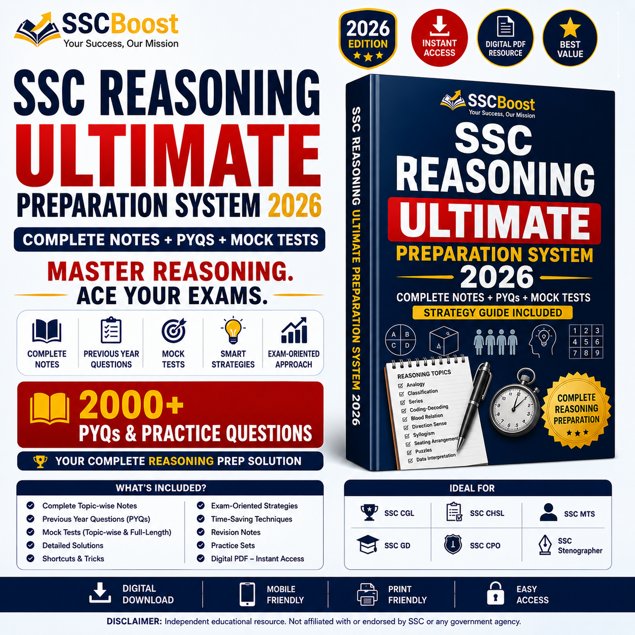 SSC Reasoning Ultimate Preparation System 2026 🏆 Best Value | Complete Notes + PYQs + Mock Tests + Strategy Guide | Instant PDF