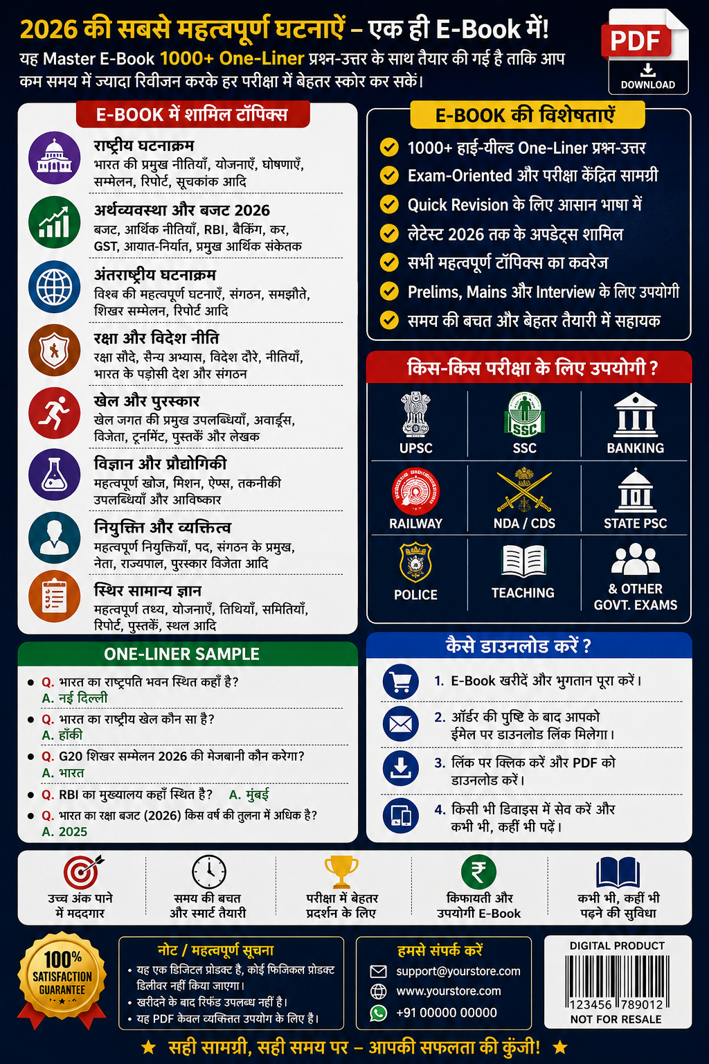 Ultimate 2026: करंट अफेयर्स महा-संग्रह (1000+ One-Liner Q&A) Master E-Book | For UPSC, SSC, Bank, Railway | Instant PDF Download