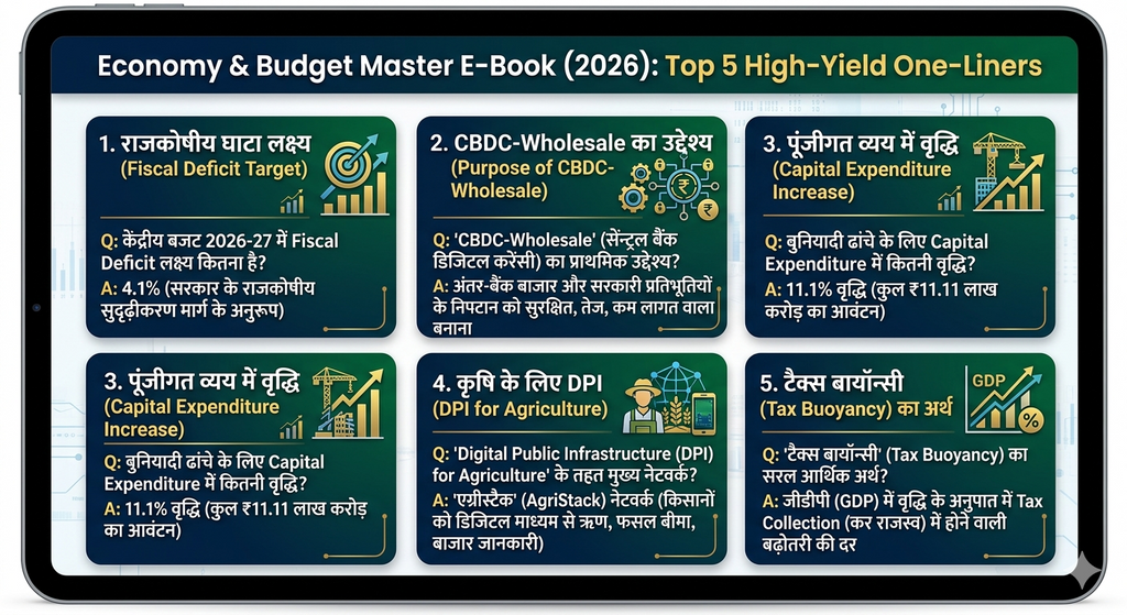 Target 2026: केंद्रीय बजट, RBI नीतियां एवं आर्थिक समीक्षा Master E-Book | One-Liner Q&A | For UPSC, Bank, SSC, PSC | Instant PDF Download