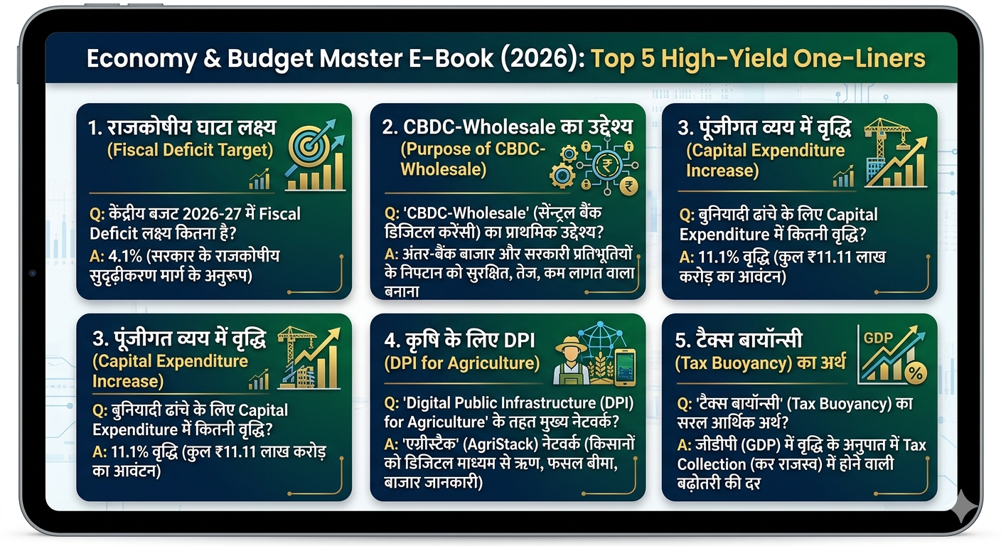 Target 2026: केंद्रीय बजट, RBI नीतियां एवं आर्थिक समीक्षा Master E-Book | One-Liner Q&A | For UPSC, Bank, SSC, PSC | Instant PDF Download